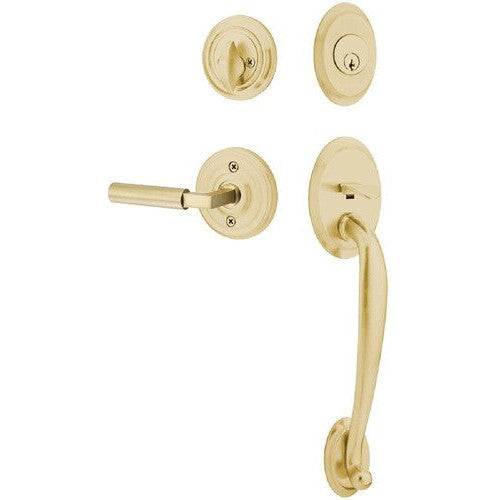 Emtek Saratoga Tubular Entrance Handleset With Hercules Lever in Satin Brass finish