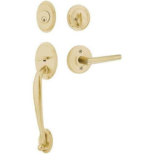 Emtek Saratoga Tubular Entrance Handleset With Stuttgart Lever in Satin Brass finish