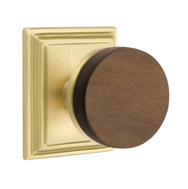 Emtek Select Conical Dark Walnut Knob with Wilshire Rosette in Satin Brass finish