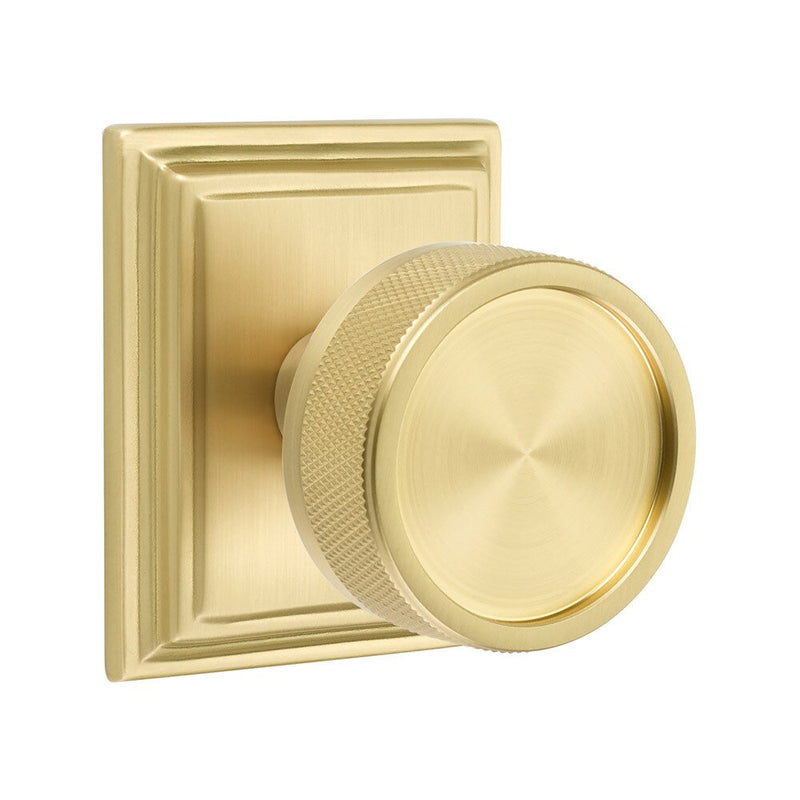 Emtek Select Conical Knurled Knob with Wilshire Rosette in Satin Brass finish