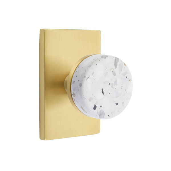 Emtek Select Conical Terrazzo Knob with Modern Rectangular Rosette in Satin Brass finish