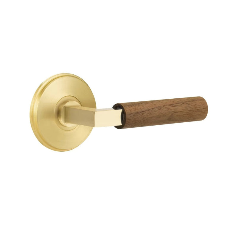 Emtek Select L-Square Dark Walnut Lever with Watford Rosette in Satin Brass finish