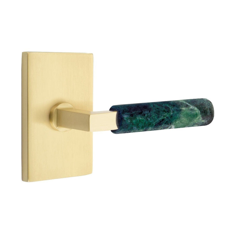 Emtek Select L-Square Green Marble Lever with Modern Rectangular Rosette in Satin Brass finish