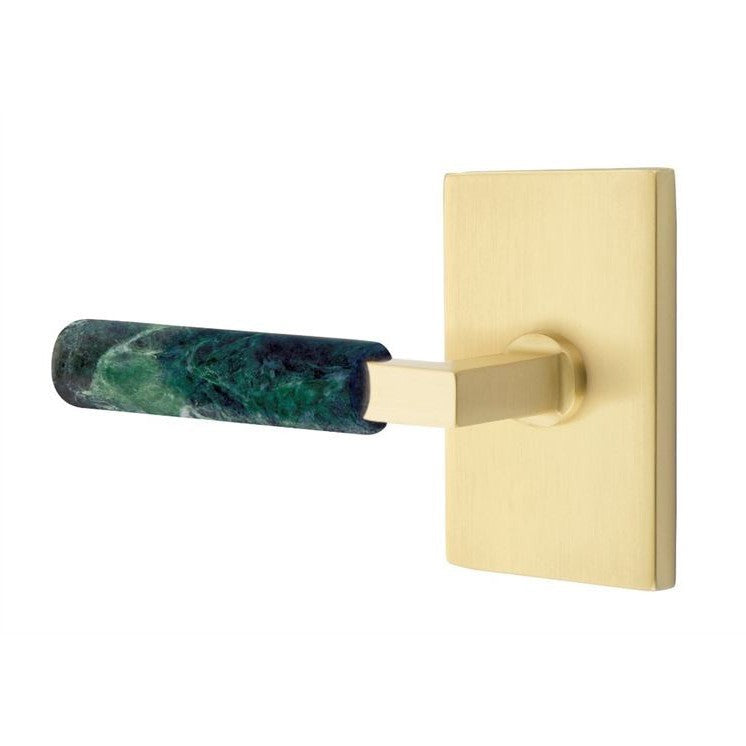 Emtek Select L-Square Green Marble Lever with Modern Rectangular Rosette in Satin Brass finish