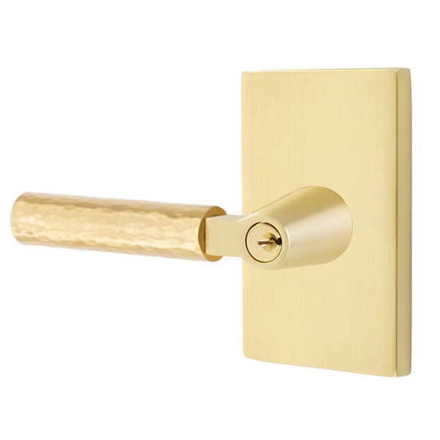 Emtek Select L-Square Hammered Lever with Modern Rectangular Rosette in Satin Brass finish