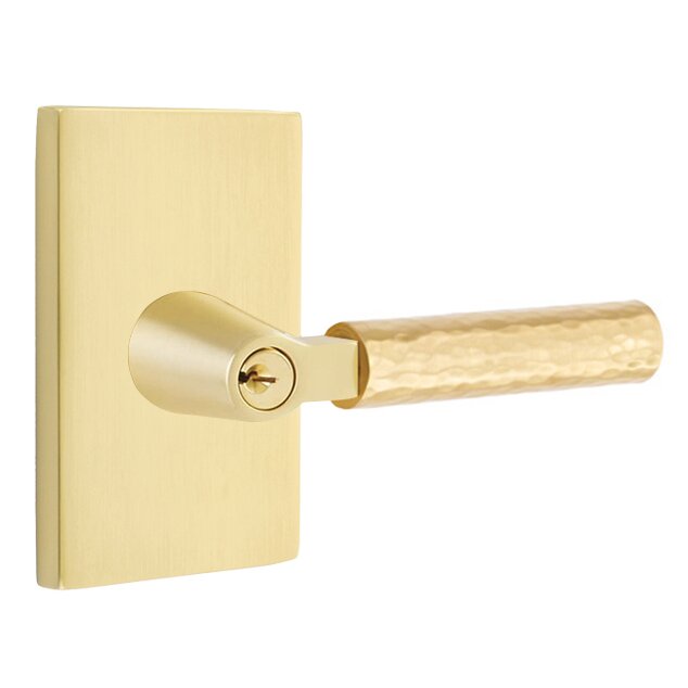 Emtek Select L-Square Hammered Lever with Modern Rectangular Rosette in Satin Brass finish