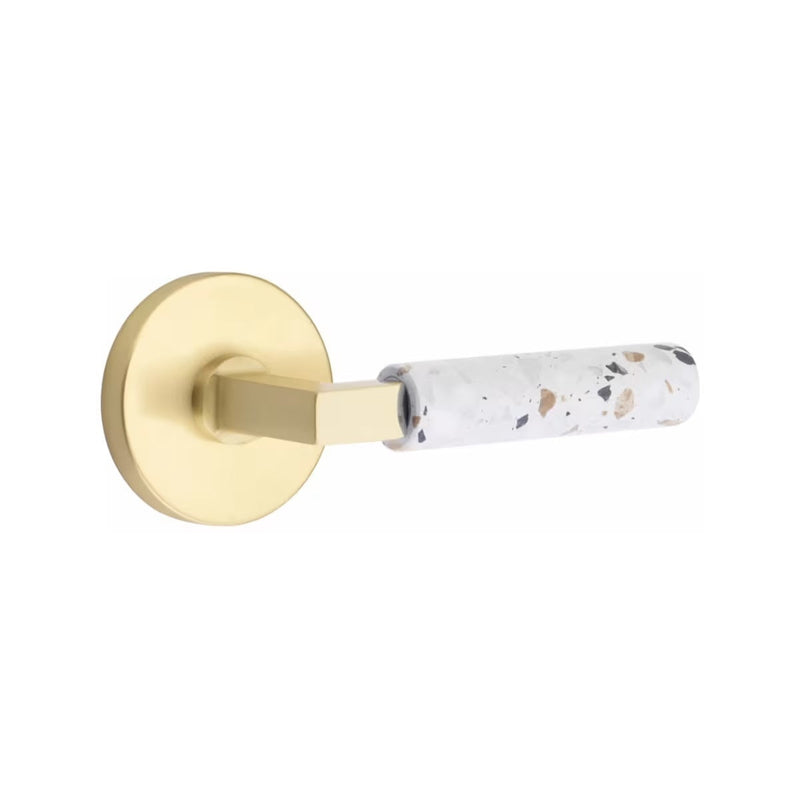 Emtek Select L-Square Terrazzo Lever with Disk Rosette in Satin Brass finish