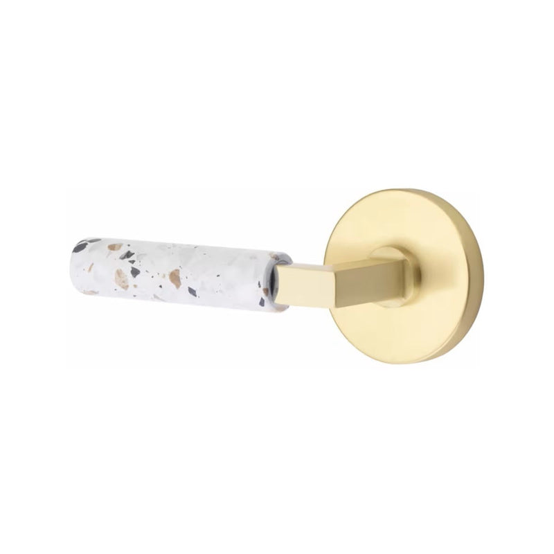 Emtek Select L-Square Terrazzo Lever with Disk Rosette in Satin Brass finish