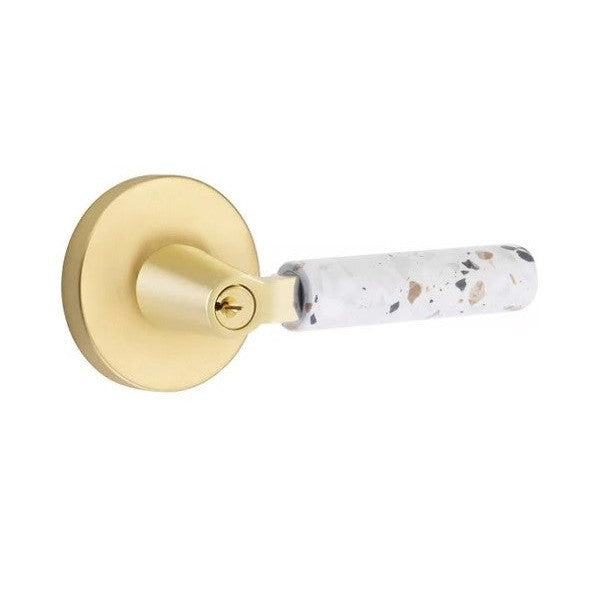 Emtek Select L-Square Terrazzo Lever with Disk Rosette in Satin Brass finish