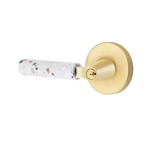 Emtek Select L-Square Terrazzo Lever with Disk Rosette in Satin Brass finish