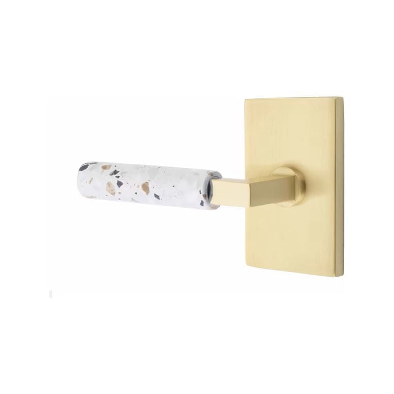 Emtek Select L-Square Terrazzo Lever with Modern Rectangular Rosette in Satin Brass finish