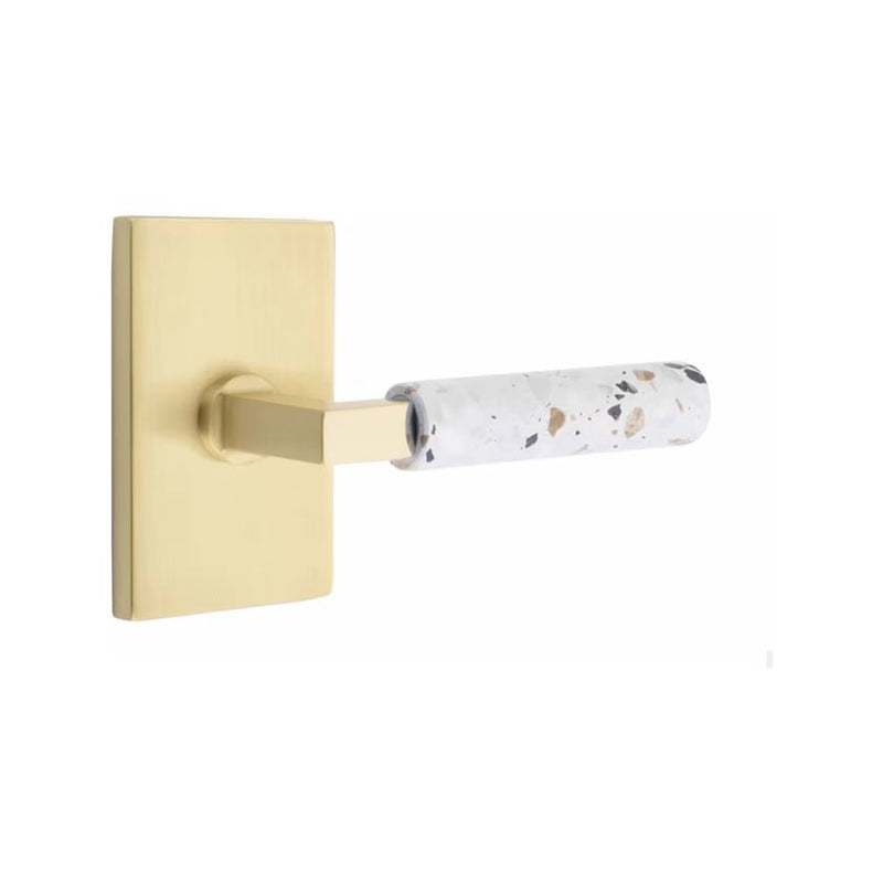 Emtek Select L-Square Terrazzo Lever with Modern Rectangular Rosette in Satin Brass finish