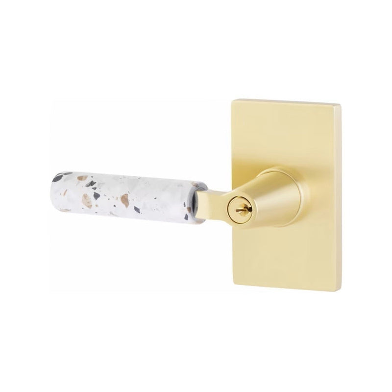 Emtek Select L-Square Terrazzo Lever with Modern Rectangular Rosette in Satin Brass finish