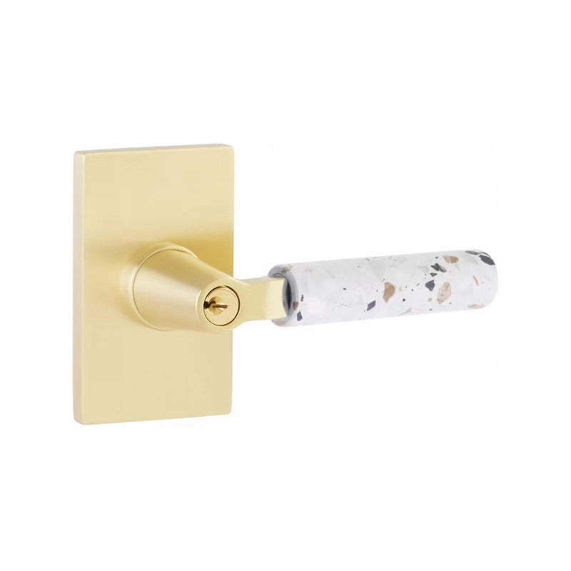 Emtek Select L-Square Terrazzo Lever with Modern Rectangular Rosette in Satin Brass finish