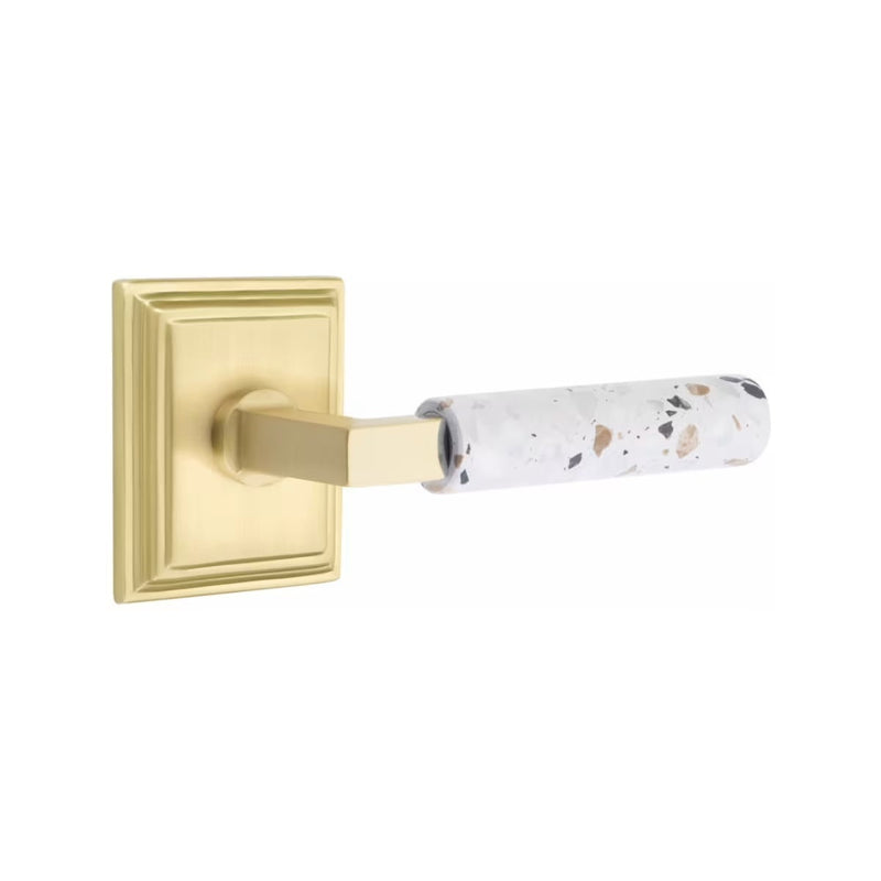 Emtek Select L-Square Terrazzo Lever with Wilshire Rosette in Satin Brass finish