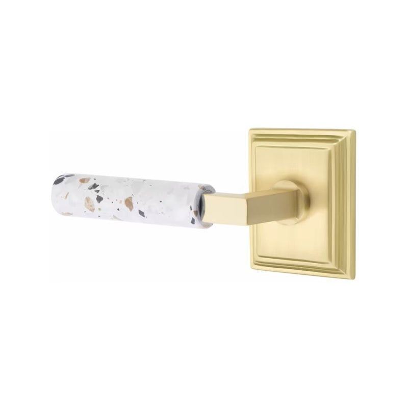 Emtek Select L-Square Terrazzo Lever with Wilshire Rosette in Satin Brass finish