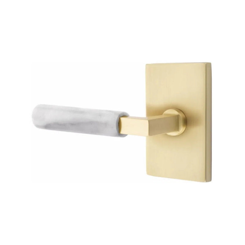 Emtek Select L-Square White Marble Lever with Modern Rectangular Rosette in Satin Brass finish