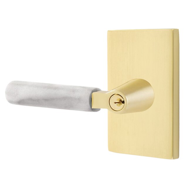 Emtek Select L-Square White Marble Lever with Modern Rectangular Rosette in Satin Brass finish