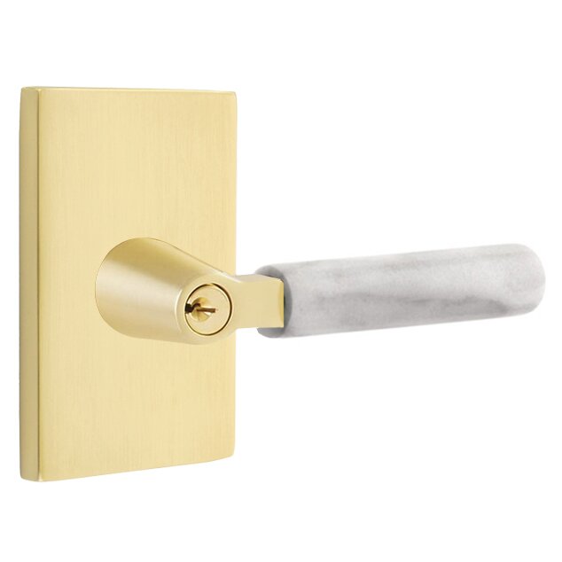 Emtek Select L-Square White Marble Lever with Modern Rectangular Rosette in Satin Brass finish