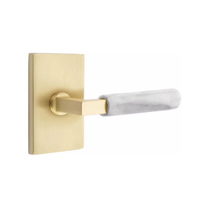 Emtek Select L-Square White Marble Lever with Modern Rectangular Rosette in Satin Brass finish