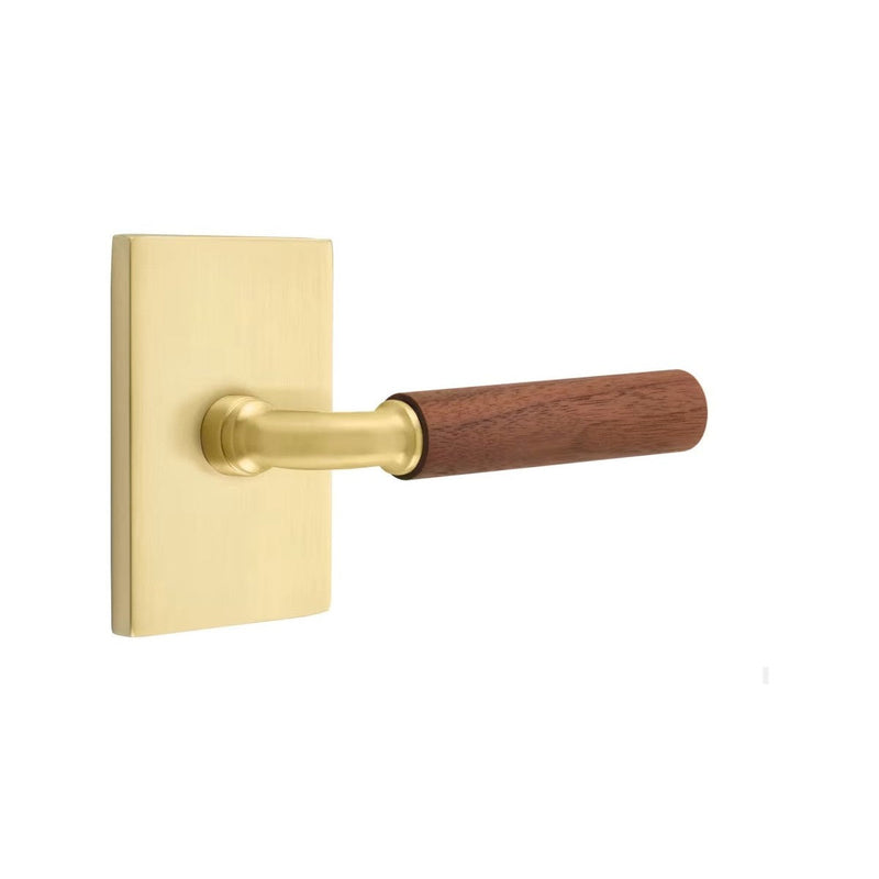 Emtek Select R-Bar Dark Walnut Lever with Modern Rectangular Rosette in Satin Brass finish