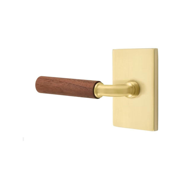 Emtek Select R-Bar Dark Walnut Lever with Modern Rectangular Rosette in Satin Brass finish