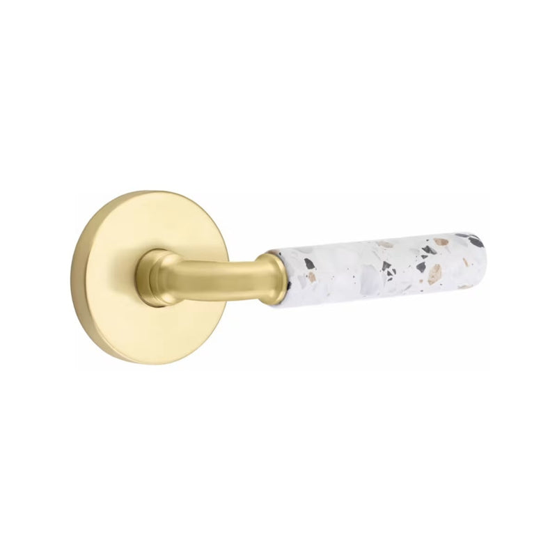 Emtek Select R-Bar Terrazzo Lever with Disk Rosette in Satin Brass finish