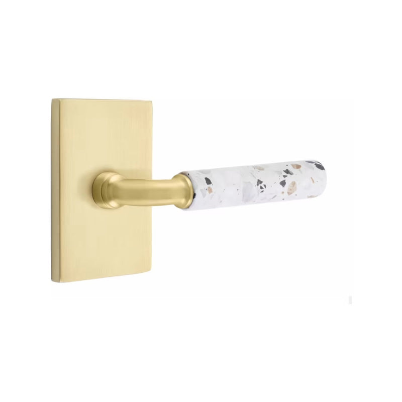 Emtek Select R-Bar Terrazzo Lever with Modern Rectangular Rosette in Satin Brass finish