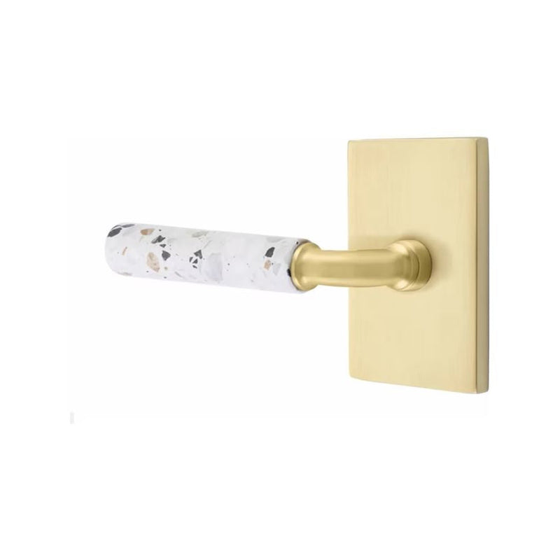 Emtek Select R-Bar Terrazzo Lever with Modern Rectangular Rosette in Satin Brass finish