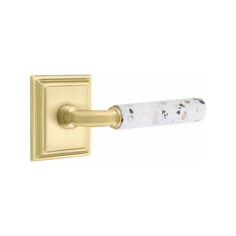 Emtek Select R-Bar Terrazzo Lever with Wilshire Rosette in Satin Brass finish