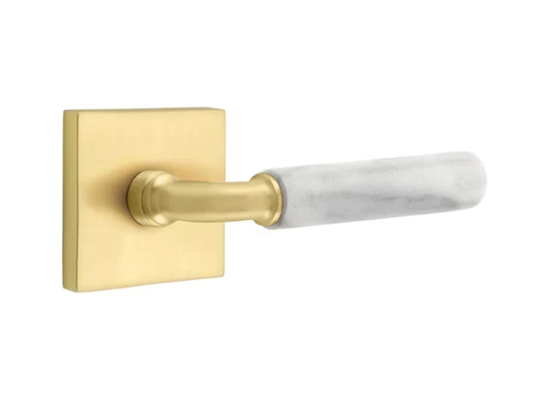 The Emtek Select R-Bar White Marble Lever with Square Rosette in Satin Brass finish.