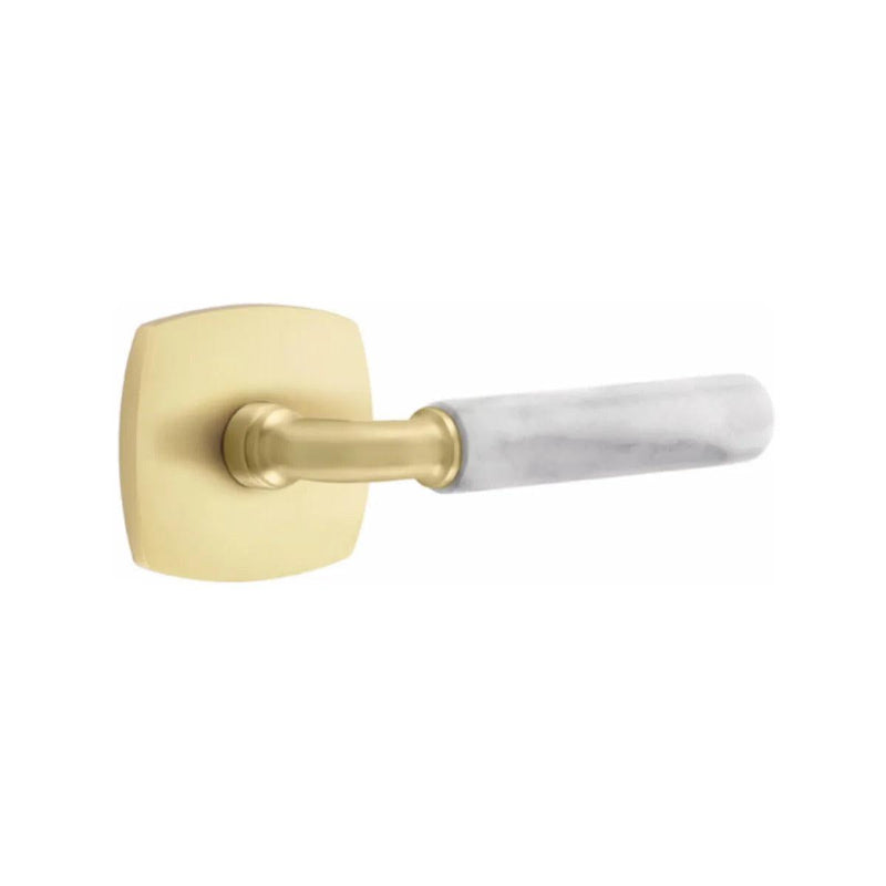 Emtek Select R-Bar White Marble Lever with Urban Modern Rosette in Satin Brass finish