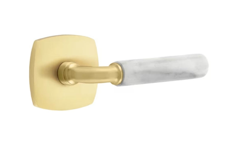 The Emtek Select R-Bar White Marble Lever with Urban Modern Rosette in Satin Brass finish.