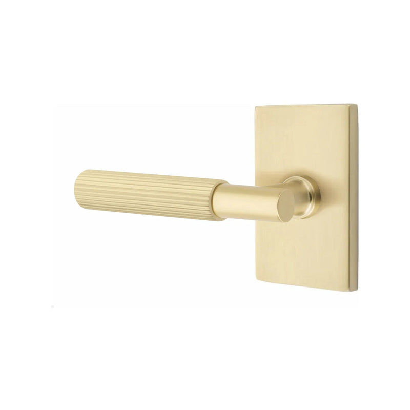 Emtek Select T-Bar Straight Knurled Lever with Modern Rectangular Rosette in Satin Brass finish