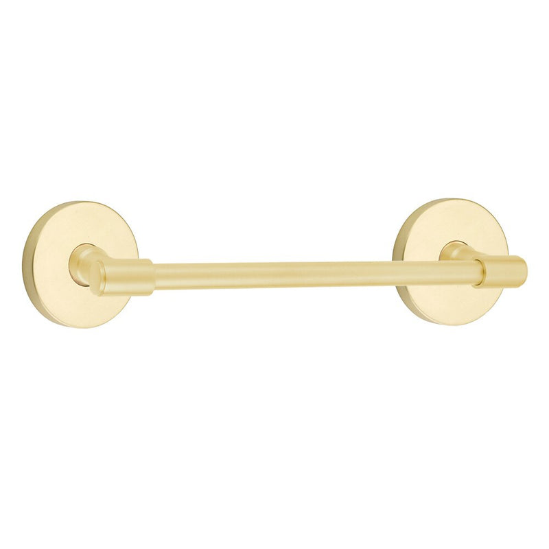 The Emtek Transitional Brass Towel Bar with Disk Rosette in Satin Brass finish.