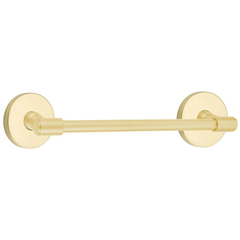 The Emtek Transitional Brass Towel Bar with Disk Rosette in Satin Brass finish.