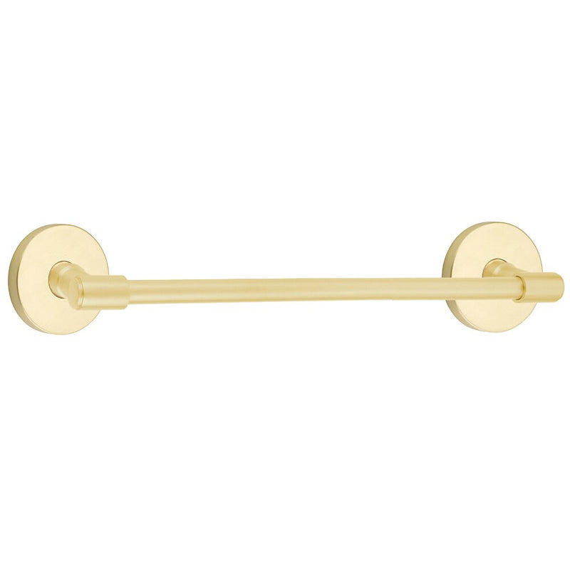 The Emtek Transitional Brass Towel Bar with Disk Rosette in Satin Brass finish.