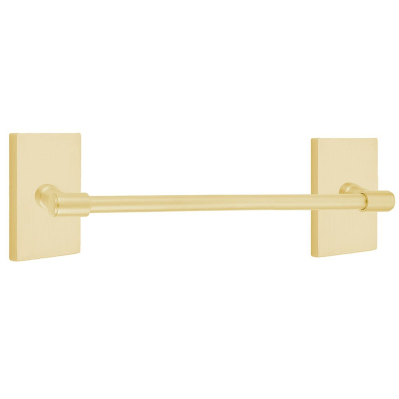 The Emtek Transitional Brass Towel Bar with Modern Rectangular Rosette in Satin Brass finish.