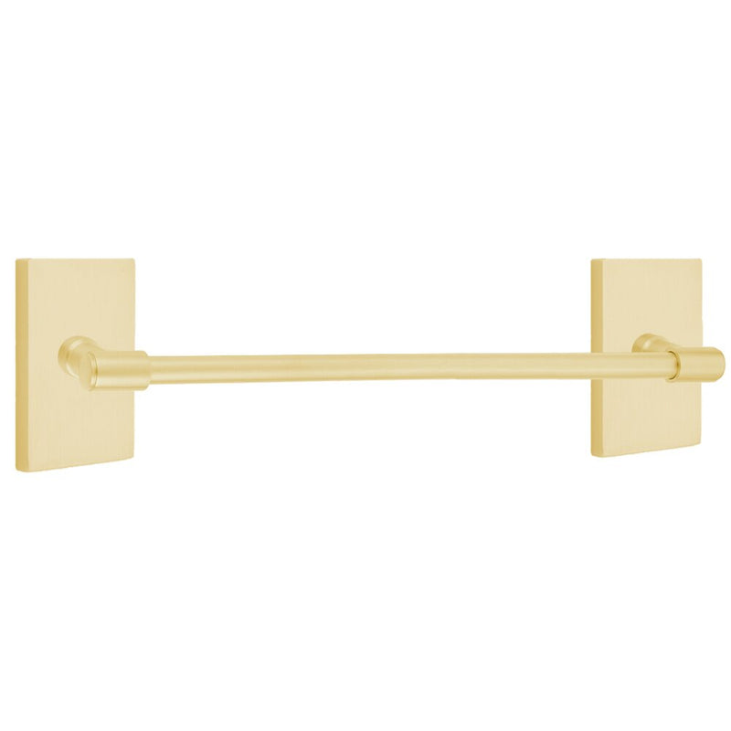 The Emtek Transitional Brass Towel Bar with Modern Rectangular Rosette in Satin Brass finish.