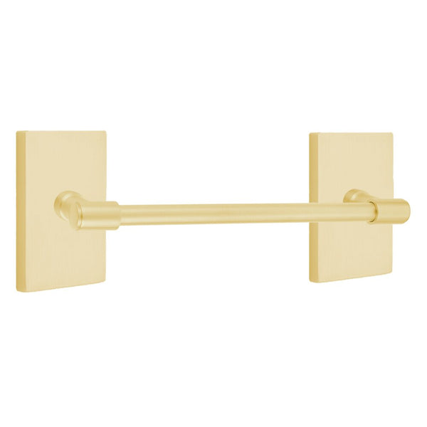 The Emtek Transitional Brass Towel Bar with Modern Rectangular Rosette in Satin Brass finish.