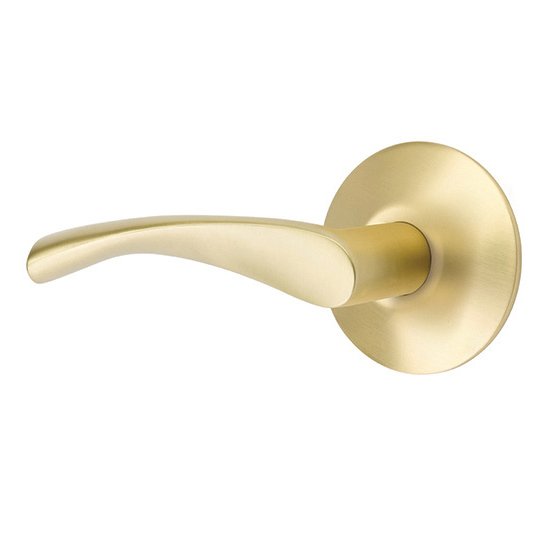 The Emtek Triton Lever With Modern Rosette in Satin Brass finish.