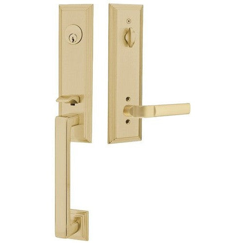 Emtek Wilshire Tubular Entrance Handleset With Aston Lever in Satin Brass finish