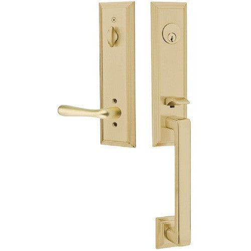 Emtek Wilshire Tubular Entrance Handleset With Basel Lever in Satin Brass finish