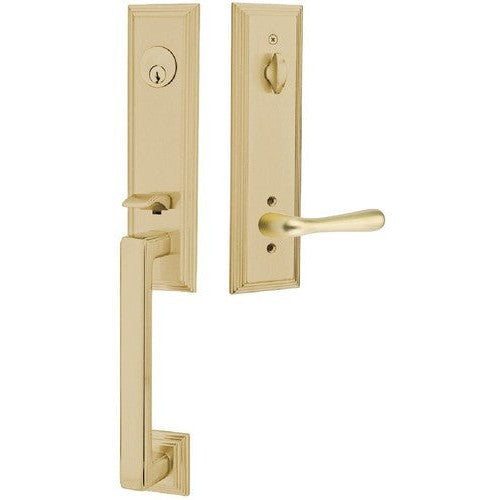 Emtek Wilshire Tubular Entrance Handleset With Basel Lever in Satin Brass finish