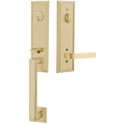 Emtek Wilshire Tubular Entrance Handleset With Breslin Lever in Satin Brass finish