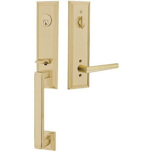 Emtek Wilshire Tubular Entrance Handleset With Stuttgart Lever in Satin Brass finish