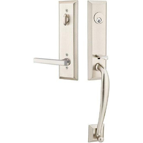 Emtek Adams Tubular Entrance Handleset With Freestone Lever in Satin Nickel finish