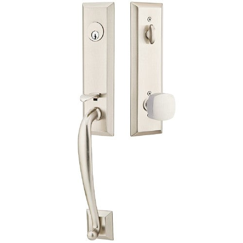 Emtek Adams Tubular Entrance Handleset With Freestone Square Knob in Satin Nickel finish