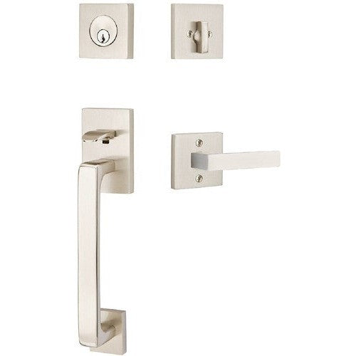 Emtek Baden Entrance Handleset With Dumont Lever in Satin Nickel finish