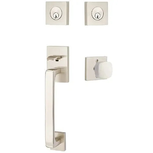 Emtek Baden Entrance Handleset With Freestone Square Knob in Satin Nickel finish